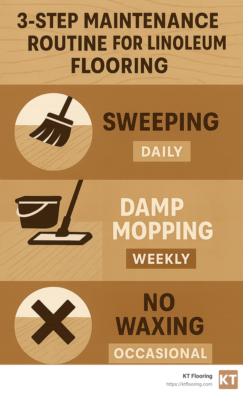 3-step maintenance routine for linoleum flooring showing daily, weekly and occasional care - waterproof linoleum flooring that looks like wood infographic 