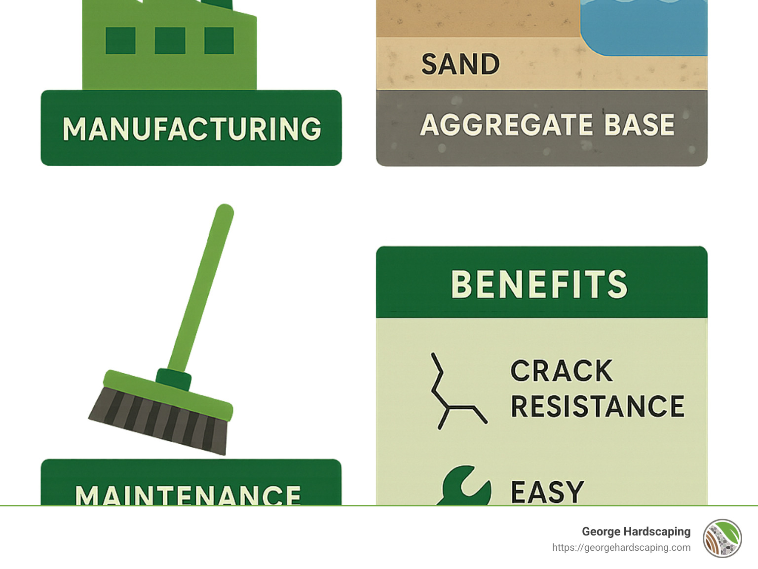 Comparison of concrete pool paver lifecycle showing manufacturing process, installation layers, maintenance requirements, and long-term benefits including crack resistance, easy repairs, and environmental sustainability - concrete pool pavers infographic 