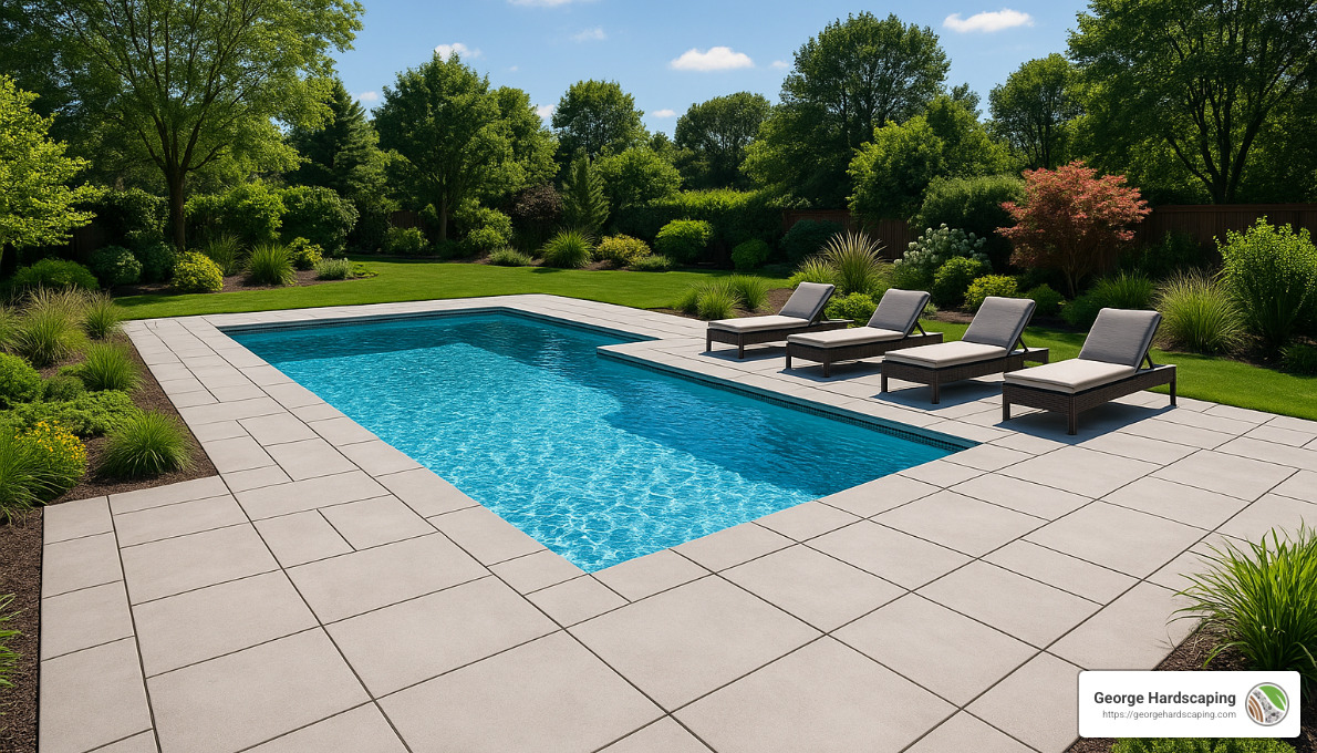 beautiful completed concrete pool paver installation - concrete pool pavers