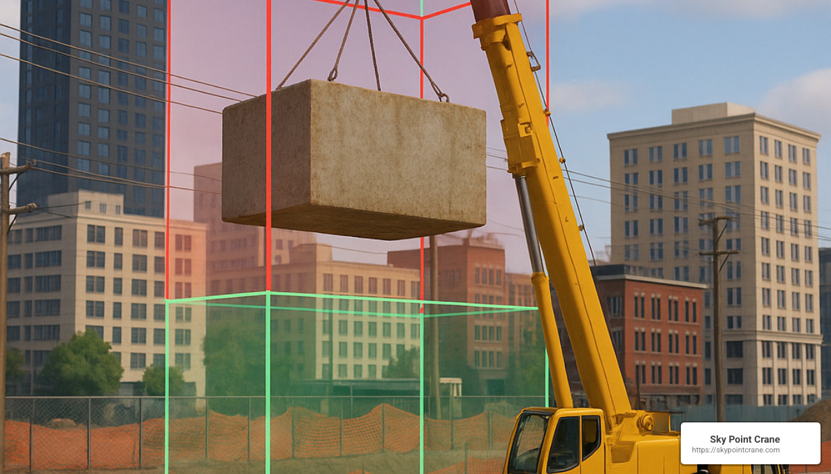 3D simulation showing crane lifting a load with clearance indicators and capacity percentage - 3d lift plan tutorial