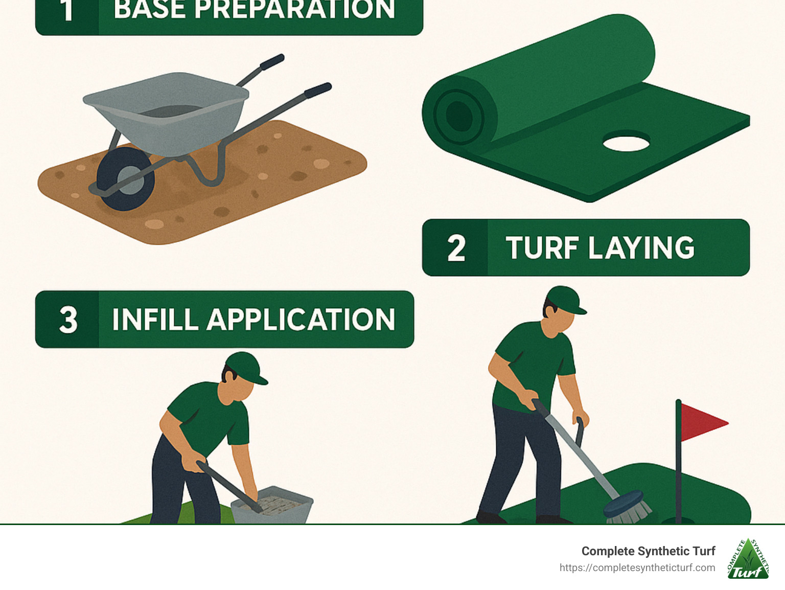 Infographic showing DIY putting green installation steps including base preparation, turf laying, infill application, and finishing touches - Artificial turf for homes infographic 