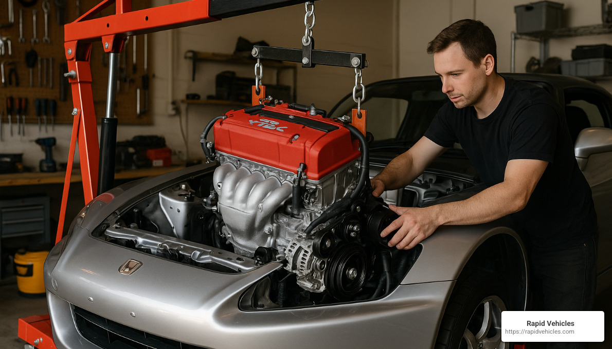 K-series engine being lowered into S2000 engine bay - honda s2000 engine swap
