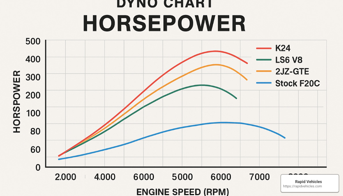 Dyno chart comparing stock F20C to popular swap engines - honda s2000 engine swap