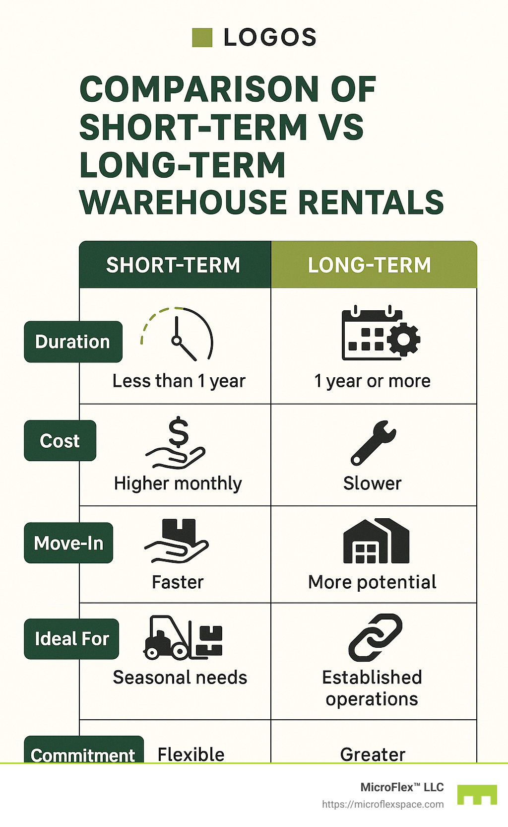 Comparison of short-term vs long-term warehouse rentals showing duration ranges, cost structures, move-in timeframes, customization options, ideal use cases, and financial commitment levels across both options - short-term warehouse rental infographic Comparison of short-term vs long-term warehouse rentals showing duration ranges, cost structures, move-in timeframes, customization options, ideal use cases, and financial commitment levels across both options - short-term warehouse rental infographic