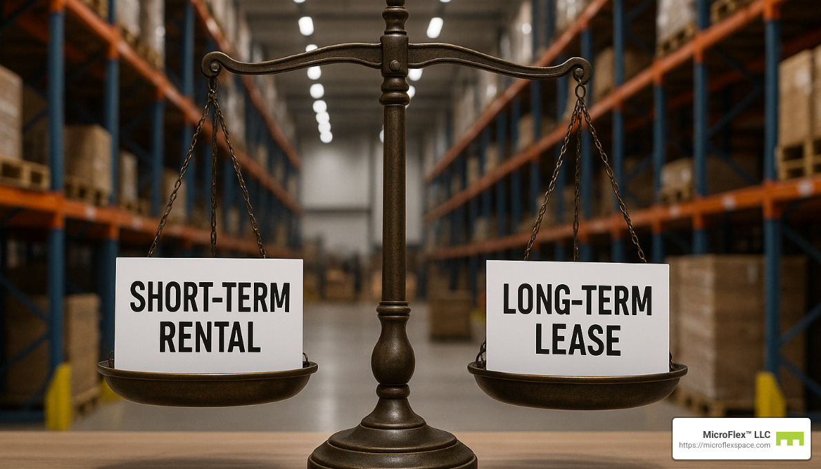balance scale comparing short-term and long-term warehouse options - short-term warehouse rental balance scale comparing short-term and long-term warehouse options - short-term warehouse rental