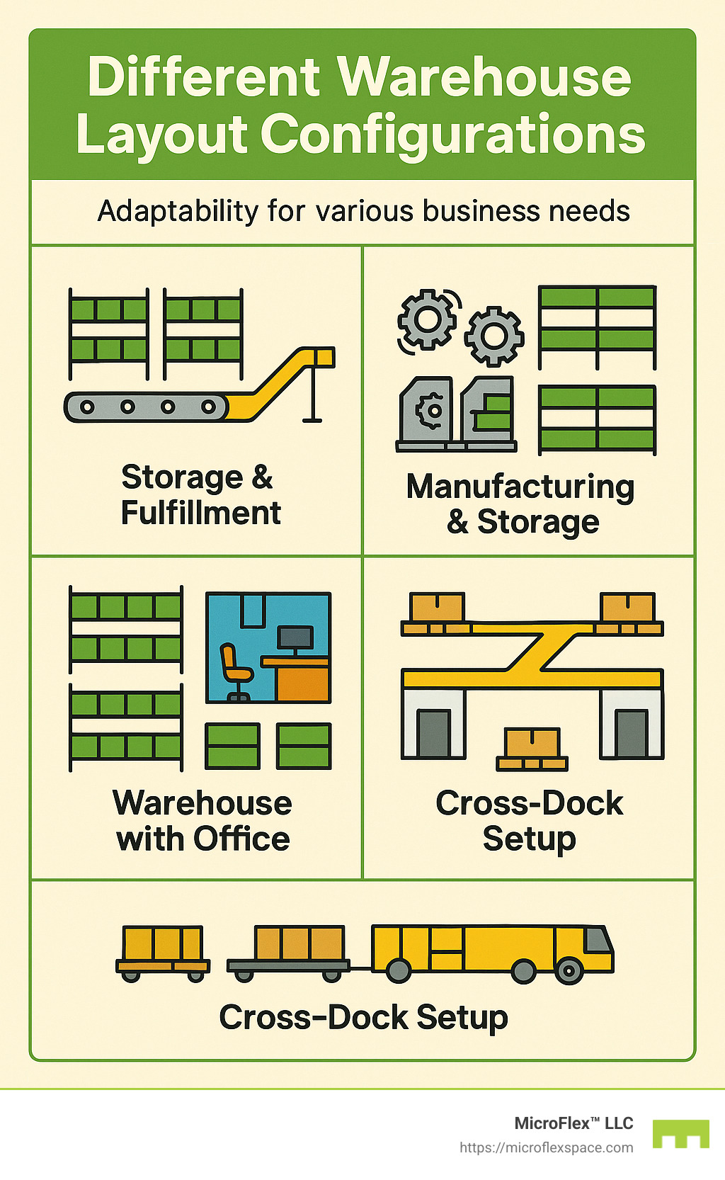 Different warehouse layout configurations showing adaptability for various business needs - short-term warehouse rental infographic Different warehouse layout configurations showing adaptability for various business needs - short-term warehouse rental infographic