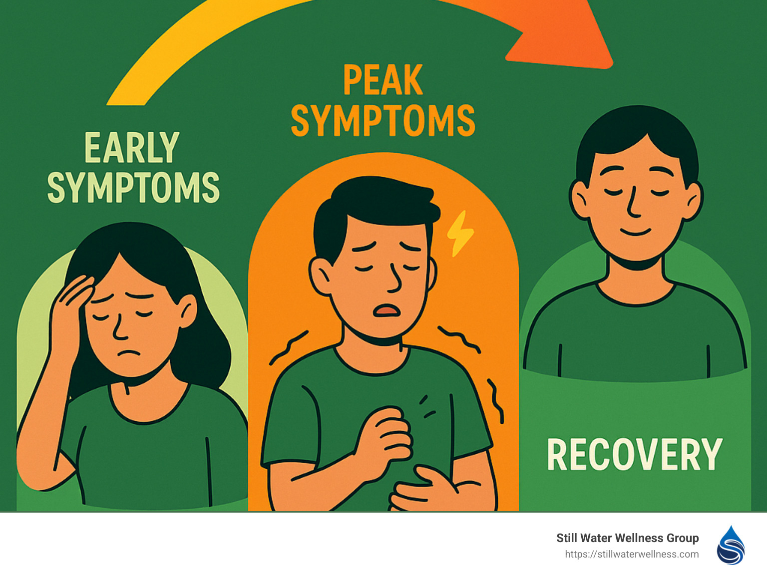 Infographic showing Ambien withdrawal timeline with symptom progression from early symptoms like anxiety and insomnia to peak symptoms including tremors and potential seizures, followed by recovery phase - ambien withdrawal infographic 
