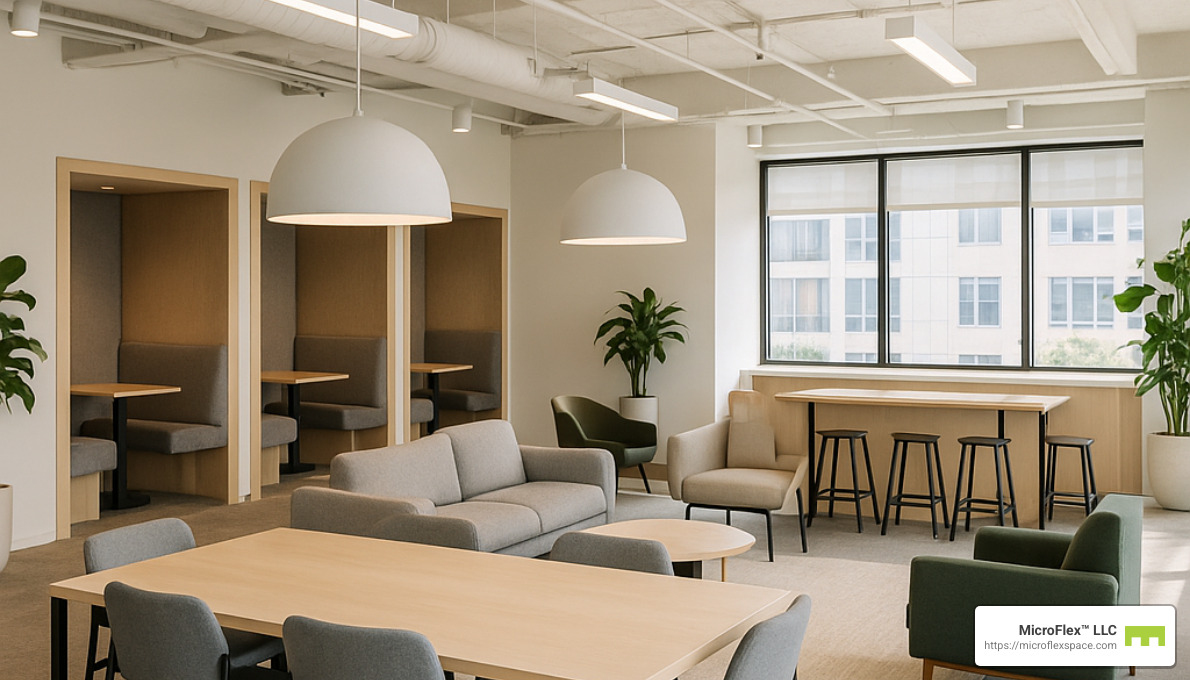 Interior of a modern flexible office space with different work zones - flexible office birmingham