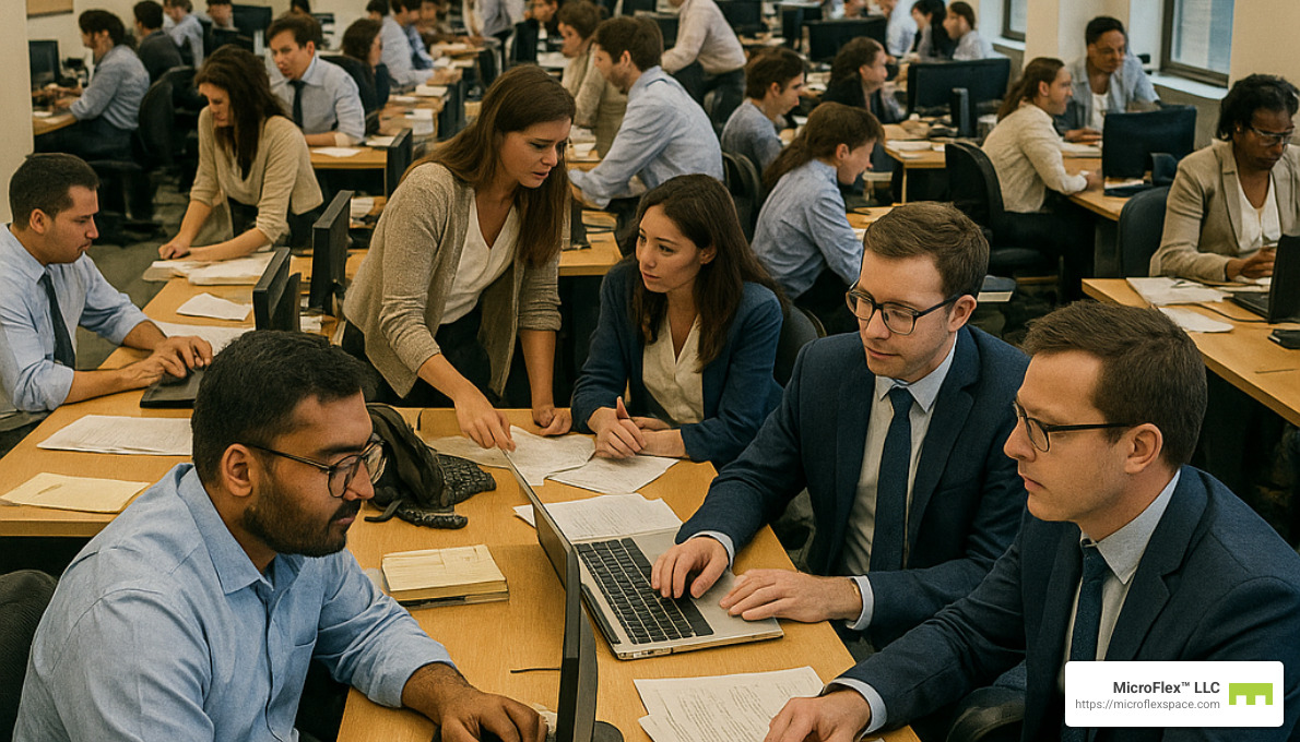 crowded office space with employees working in tight quarters - business expansion space