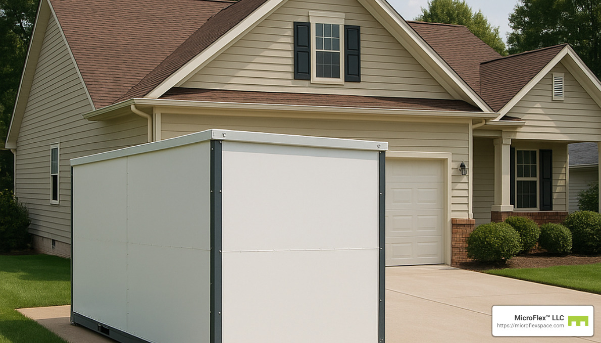 portable storage container in driveway - temporary storage solutions at home