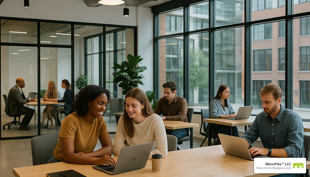Interior of a modern MicroFlex shared office space showing collaborative areas - Birmingham shared office space
