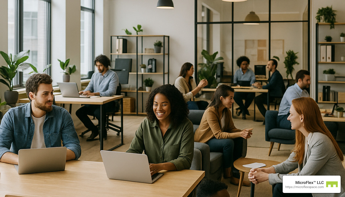 Modern flexible workspace with multiple small business setups - short-term business lease