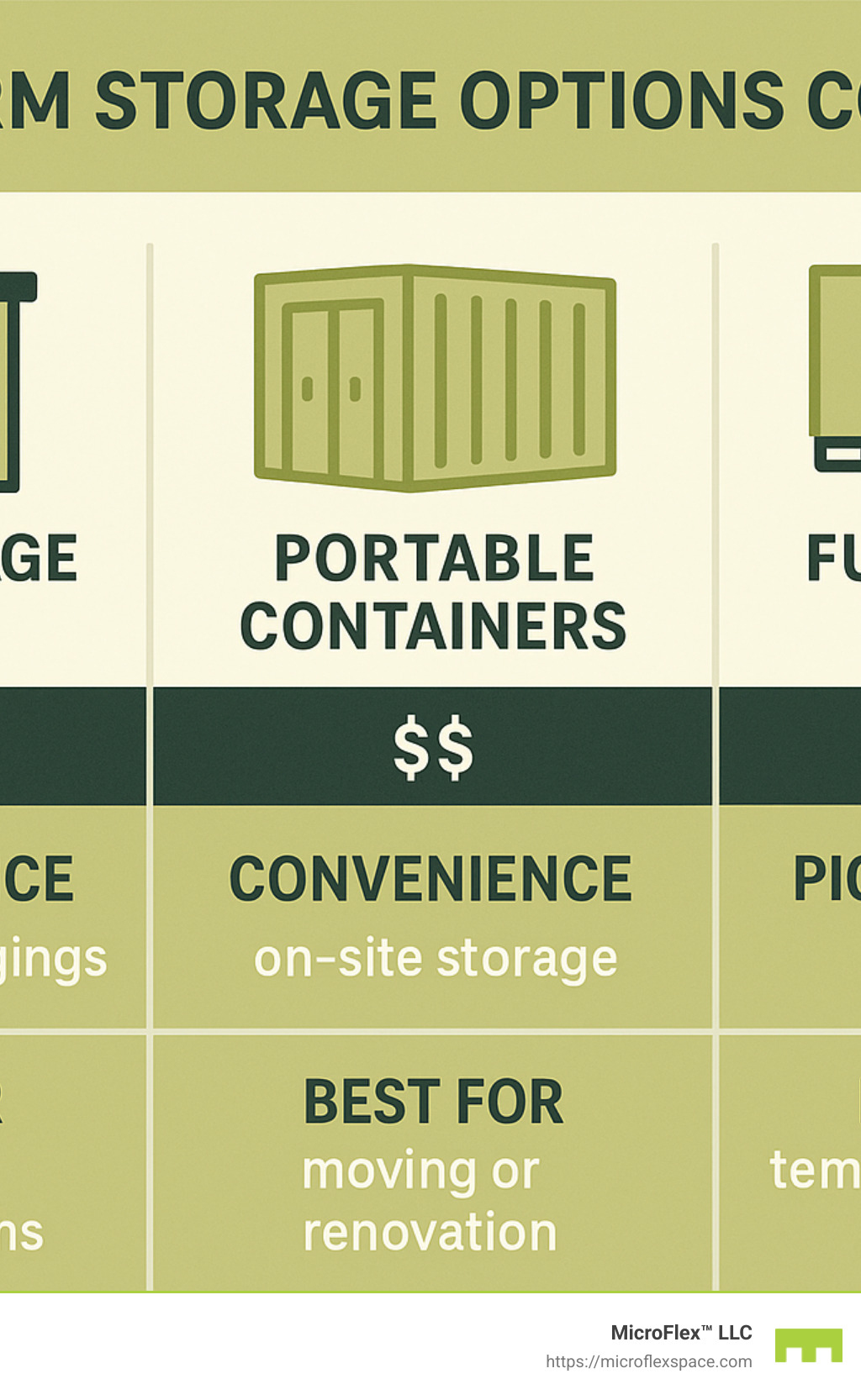 Short-term storage options comparison showing self-storage units, portable containers, and full-service storage with their respective costs, convenience factors, and best use cases - short term storage infographic 