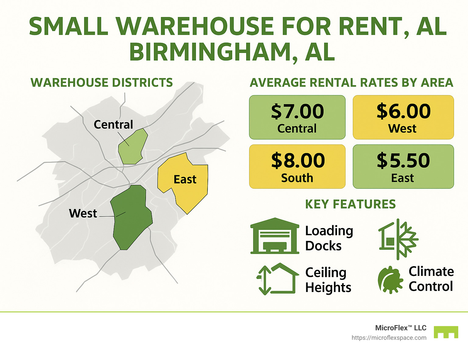 Infographic showing map of Birmingham with warehouse districts highlighted, average rental rates by area, and key features of small warehouses including loading dock types, ceiling heights, and availability of climate control options - small warehouse for rent birmingham al infographic