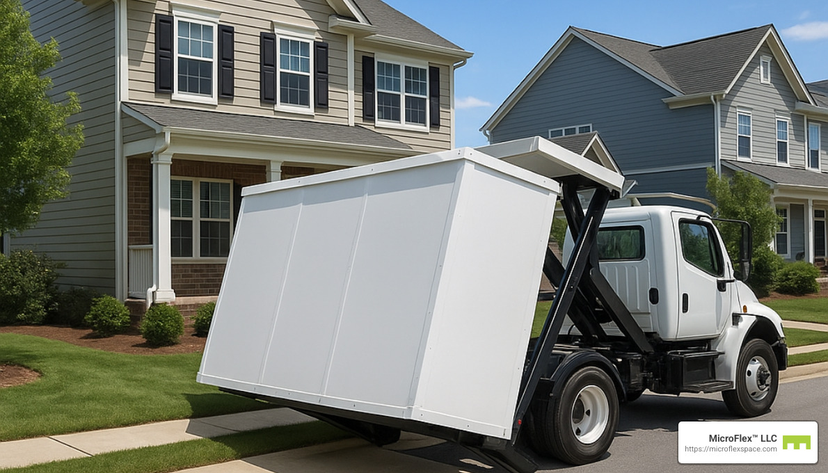 portable storage container being delivered - short term self storage