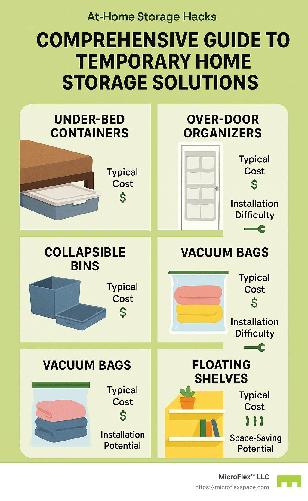 Comprehensive guide to temporary home storage solutions showing under-bed containers, over-door organizers, collapsible bins, vacuum bags, and floating shelves with their typical costs, installation difficulty, and space-saving potential - temporary storage solutions at home infographic 