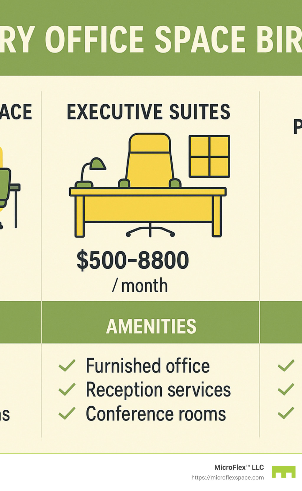 Infographic showing comparison of temporary office options in Birmingham including coworking spaces, executive suites, and short-term private offices with their respective pricing, amenities, and lease flexibility - temporary office space Birmingham infographic