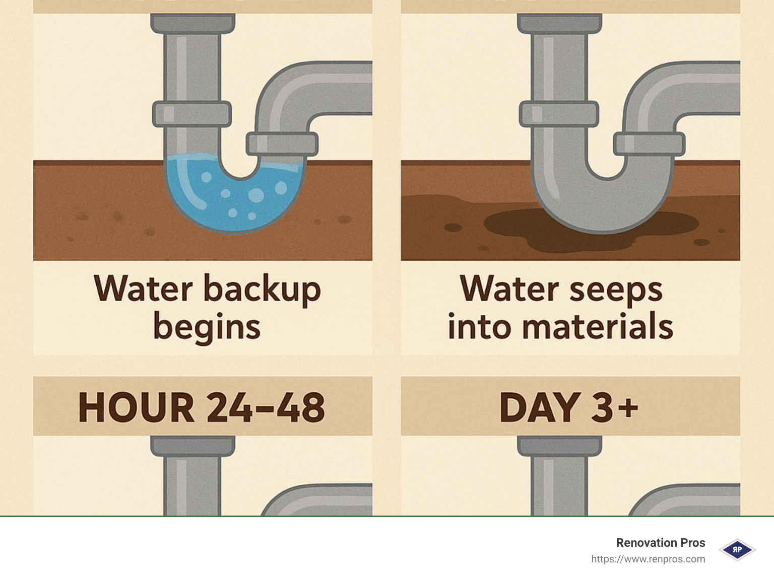 Clogged Drain Water Damage Timeline showing progression from initial clog to serious damage: Hour 0-2: Water backup begins, Hour 2-24: Water seeps into materials, Hour 24-48: Mold growth begins, Day 3+: Structural damage occurs, with estimated costs rising from $100s to $1000s to $10,000+ over time - clogged drain water damage temecula infographic