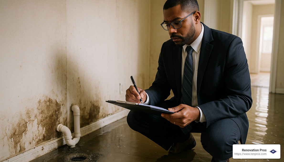 insurance adjuster inspecting water damage from clogged drain - clogged drain water damage temecula