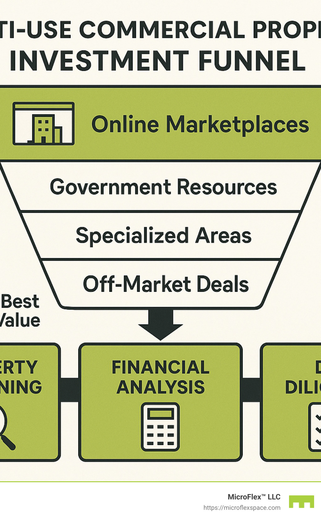 Multi-use commercial property investment funnel showing sources ranging from online marketplaces (largest volume) to off-market deals (best value), with filtering steps including property screening, financial analysis, and due diligence - multi use commercial property infographic