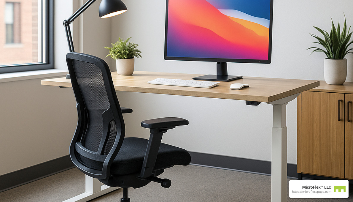 ergonomic workstation with adjustable desk, ergonomic chair, and proper lighting - small business office solutions