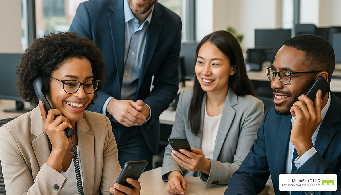 business professionals using VoIP phone system with mobile and desktop integration - small business office solutions