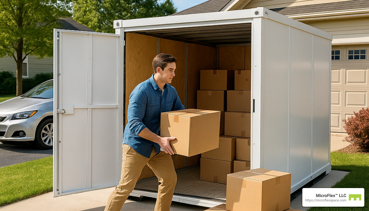 person loading items into a storage container - short term storage container rental