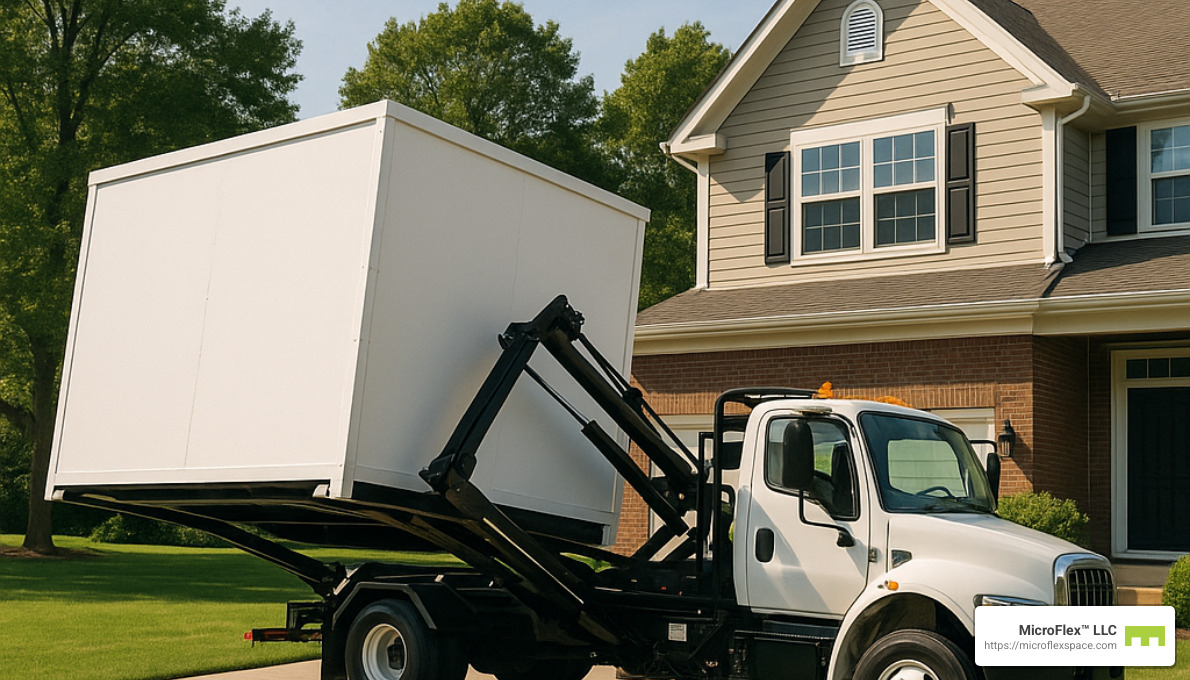 Hydraulic lift placing a storage pod in a residential driveway - temporary storage pods near me Hydraulic lift placing a storage pod in a residential driveway - temporary storage pods near me