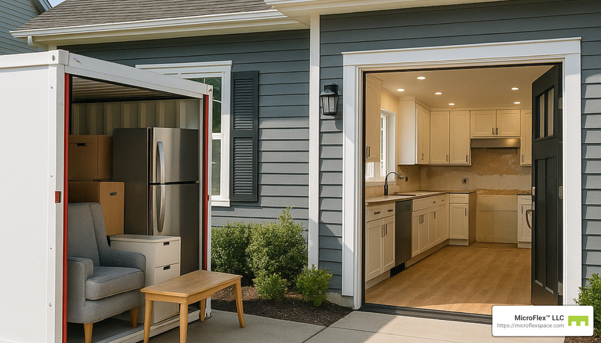 Kitchen renovation with storage pod visible in driveway holding furniture and appliances - temporary storage pods near me Kitchen renovation with storage pod visible in driveway holding furniture and appliances - temporary storage pods near me