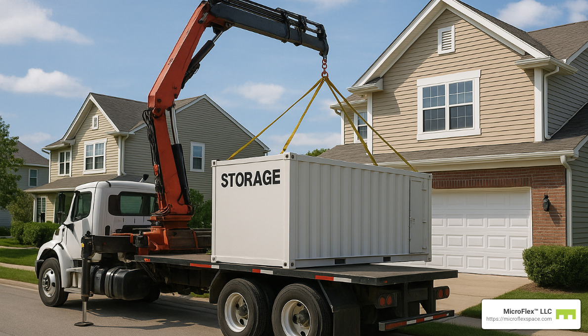 delivery truck placing a storage container - short term storage container rental