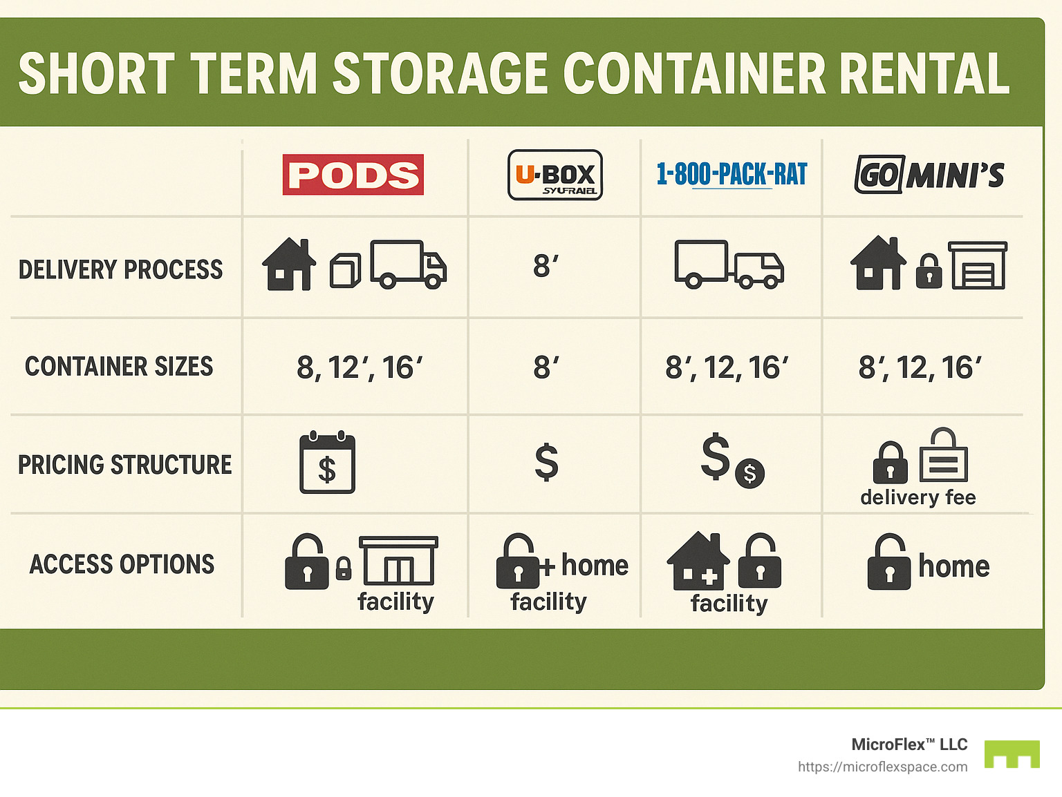 Comparison of short term storage container rental options showing delivery process, container sizes, pricing structure, and access options from multiple leading providers - short term storage container rental infographic