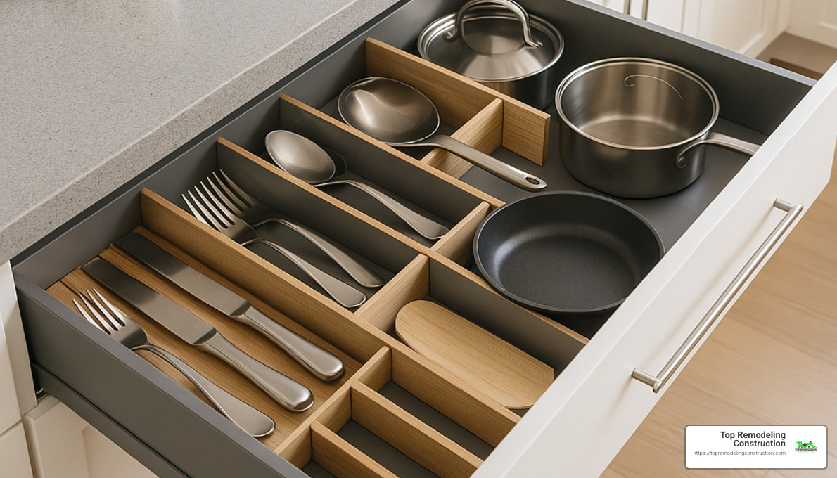 kitchen drawer organizers with custom dividers for utensils and cookware - Modern kitchen remodel ideas