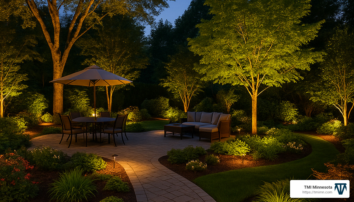 twilight backyard with landscape lighting - Backyard change services