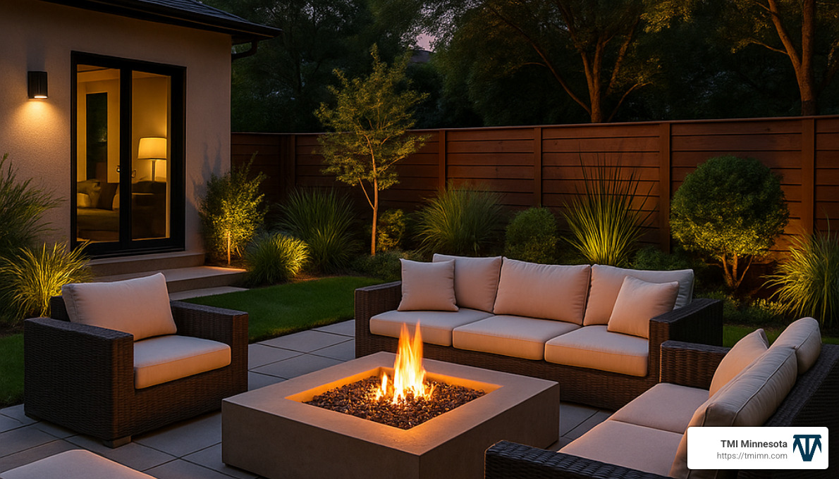 modern backyard with fire pit lounge area - Backyard change services