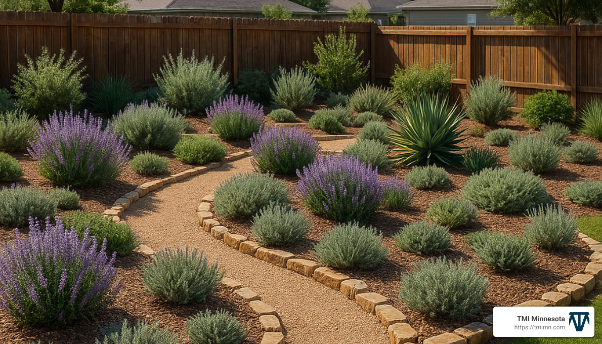 xeriscape garden with gravel paths and drought-tolerant plants - Backyard change services