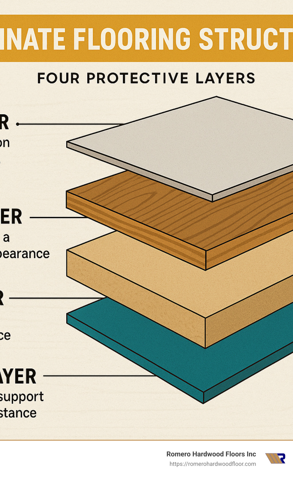 Laminate flooring structure showing four protective layers: wear layer, design layer, core layer, and backing layer with detailed descriptions of each layer's function - best cheapest laminate flooring infographic 