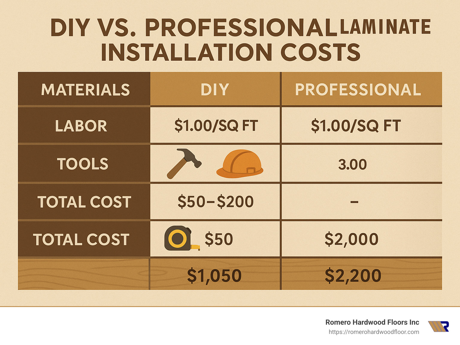 Comparison table of DIY vs professional laminate installation costs showing breakdown of materials, labor, tools, and total project costs - best cheapest laminate flooring infographic 