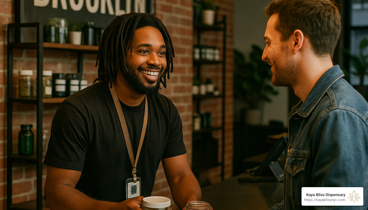 Budtender helping customer at a Brooklyn dispensary counter - legal dispensary brooklyn