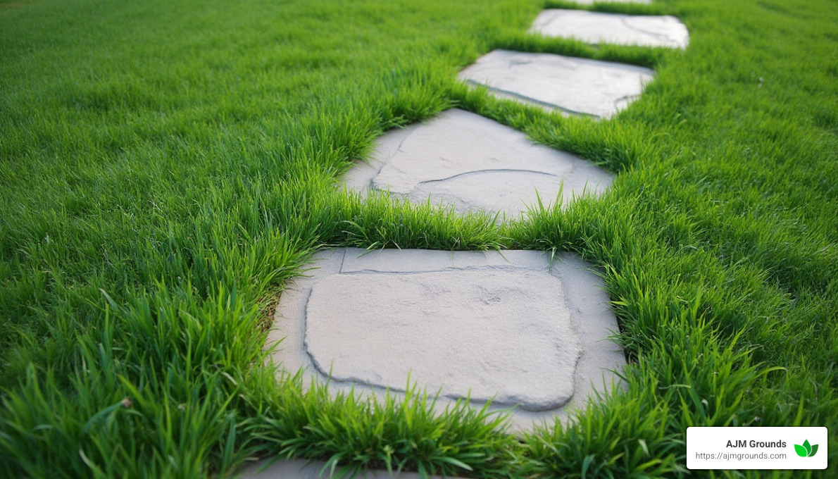 finished stepping stone pathway with grass growing between stones - installing a stepping stone walkway