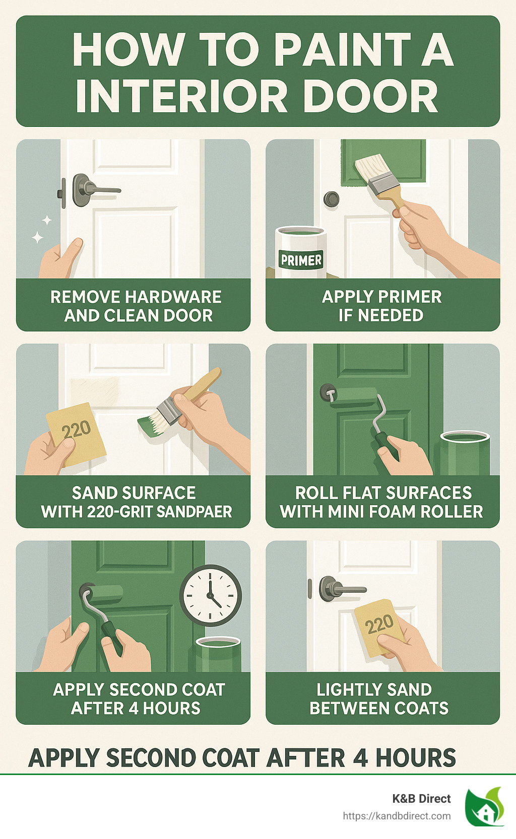 Step-by-step interior door painting process showing: 1) Remove hardware and clean door 2) Sand surface with 220-grit sandpaper 3) Apply primer if needed 4) Paint panels first with angled brush 5) Roll flat surfaces with mini foam roller 6) Apply second coat after 4 hours 7) Lightly sand between coats 8) Reinstall hardware after 24 hours - how to paint an interior door infographic