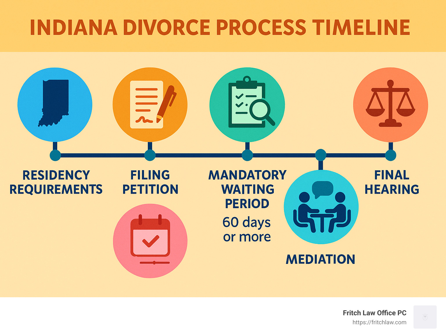 Indiana divorce process timeline showing residency requirements, filing petition, mandatory waiting period, findy phase, mediation, and final hearing with approximate timeframes for each stage - noblesville divorce lawyer infographic 