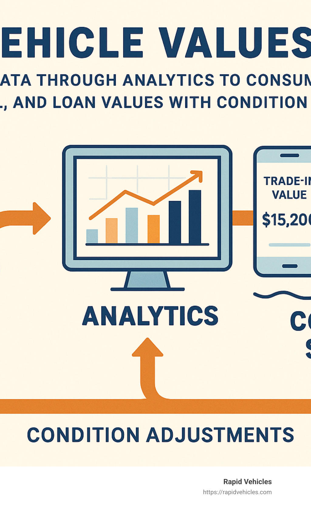 How vehicle values flow from auction data through analytics to consumer screens showing trade-in, retail, and loan values with condition adjustments - nada car search infographic