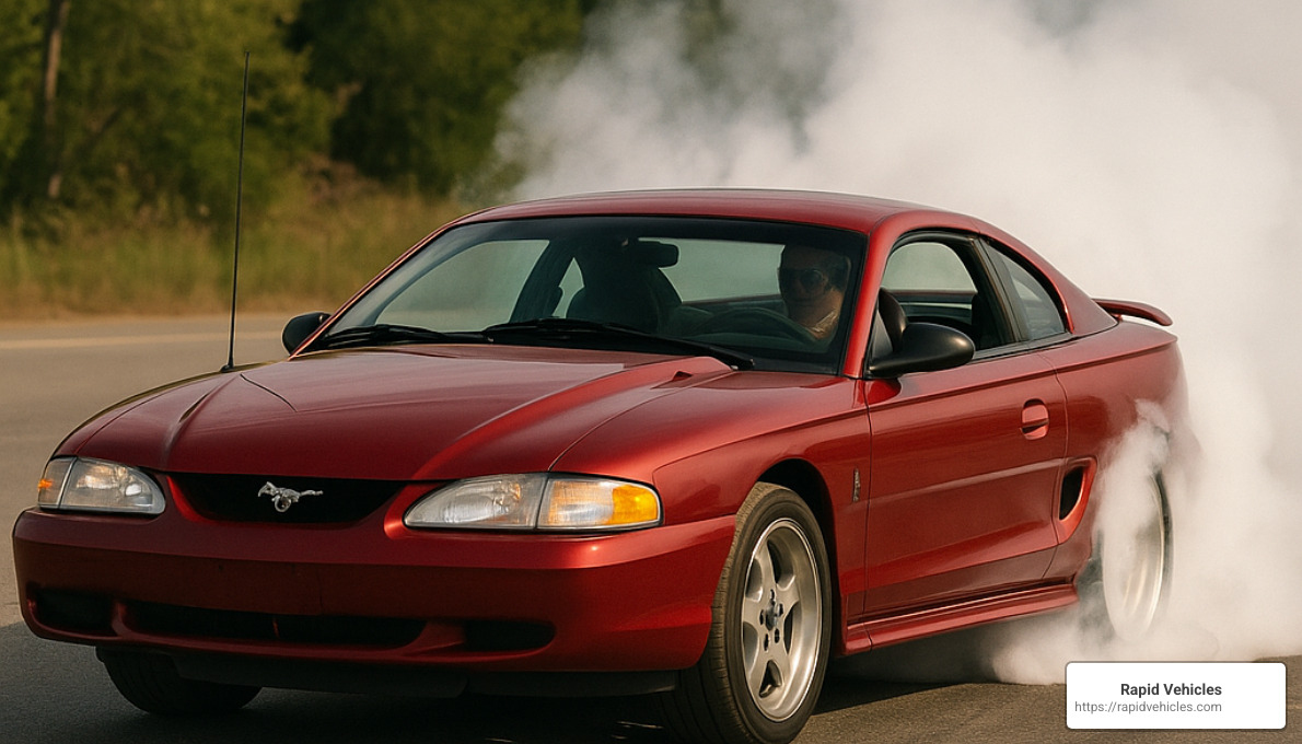Ford Mustang SN95 performing a burnout - cheap fast cars under 3k