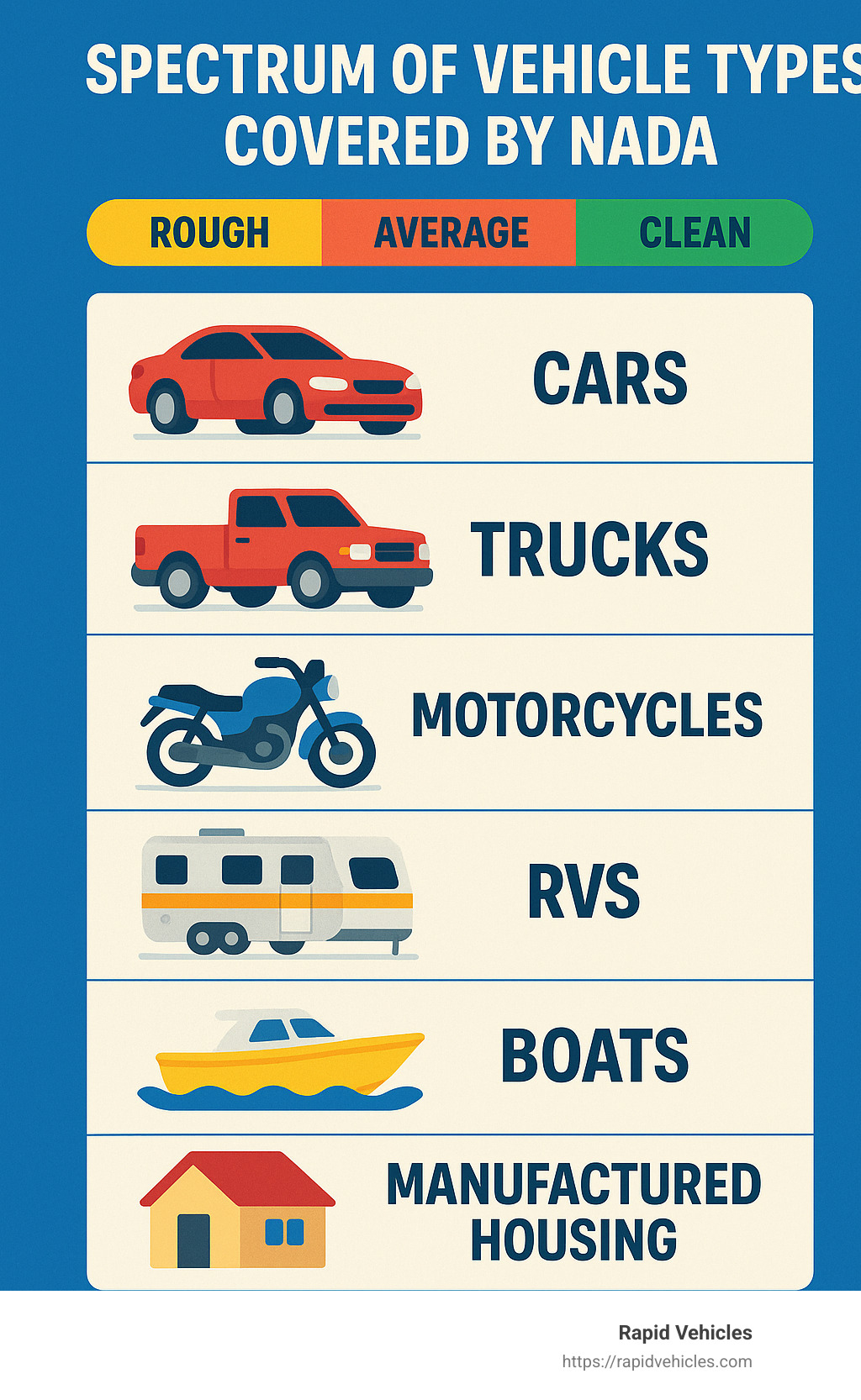 Spectrum of vehicle types covered by NADA showing cars, trucks, motorcycles, RVs, boats and manufactured housing with their condition classifications - nada car search infographic