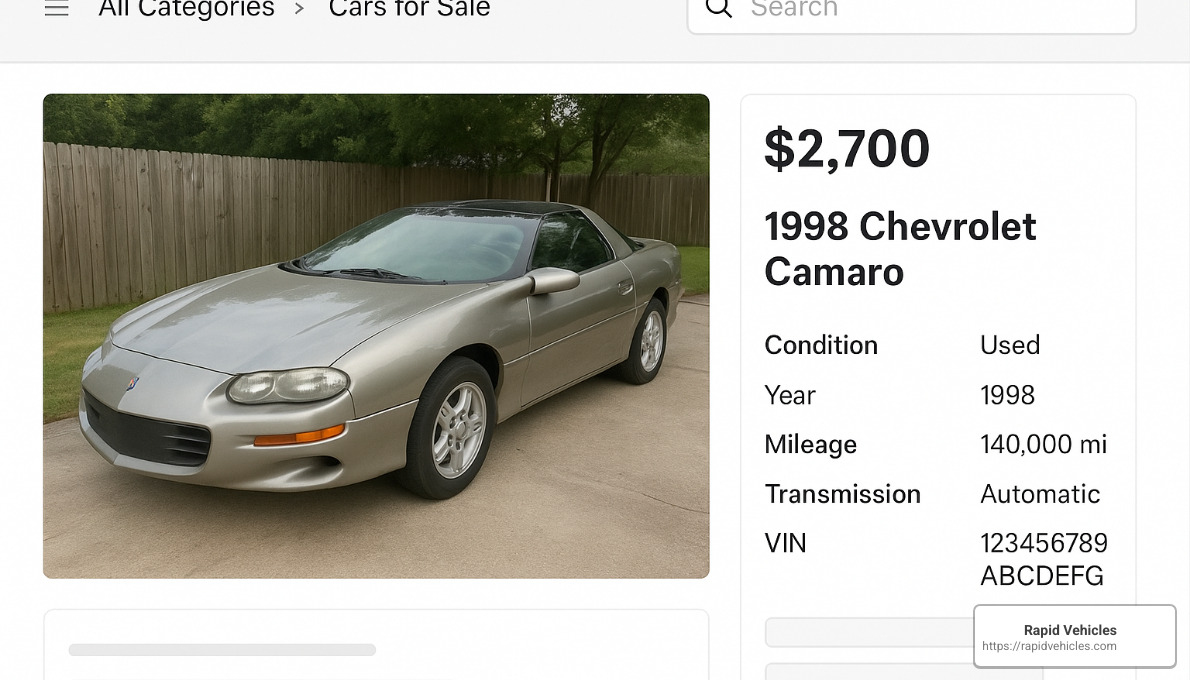 Chevrolet Camaro classified ad screenshot showing a 1998 model for $2,700 - cheap fast cars under 3k