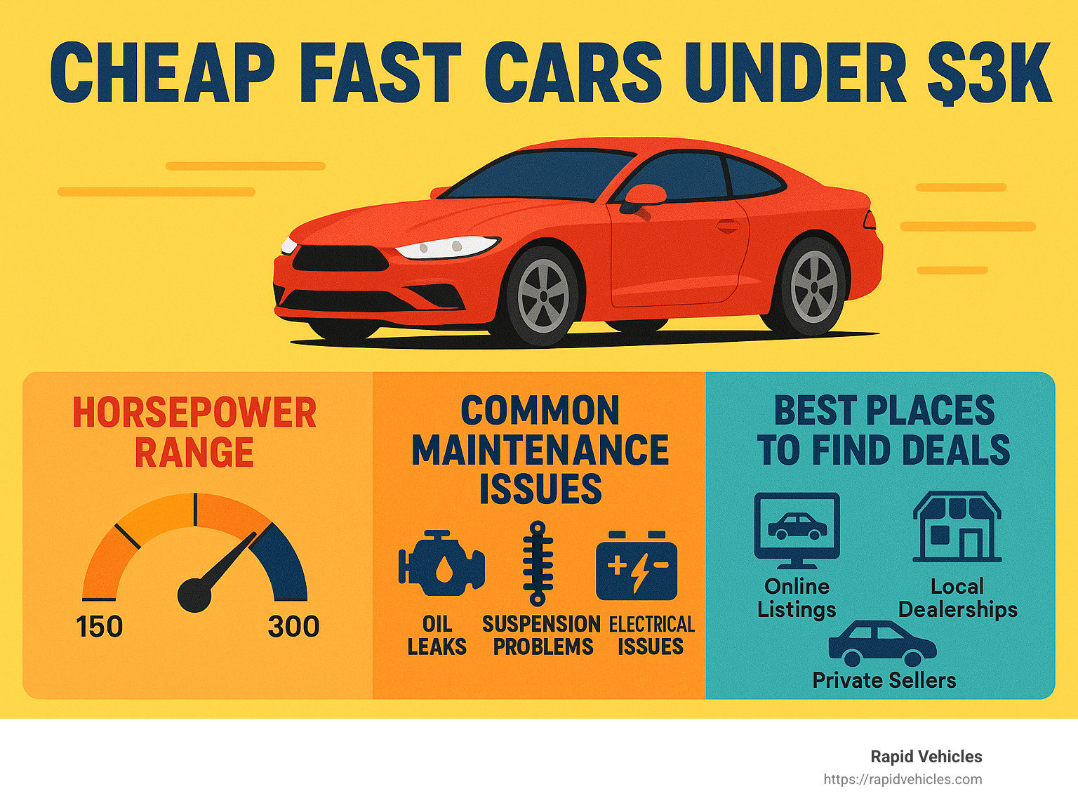 Infographic showing performance characteristics of cheap fast cars under 3k including horsepower ranges, common maintenance issues, and best places to find deals in the used market - cheap fast cars under 3k infographic 