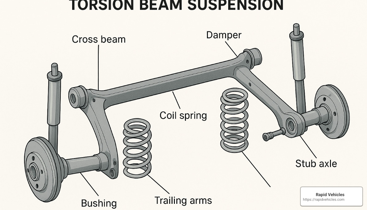 Exploded view of torsion beam suspension components - torsion beam suspension