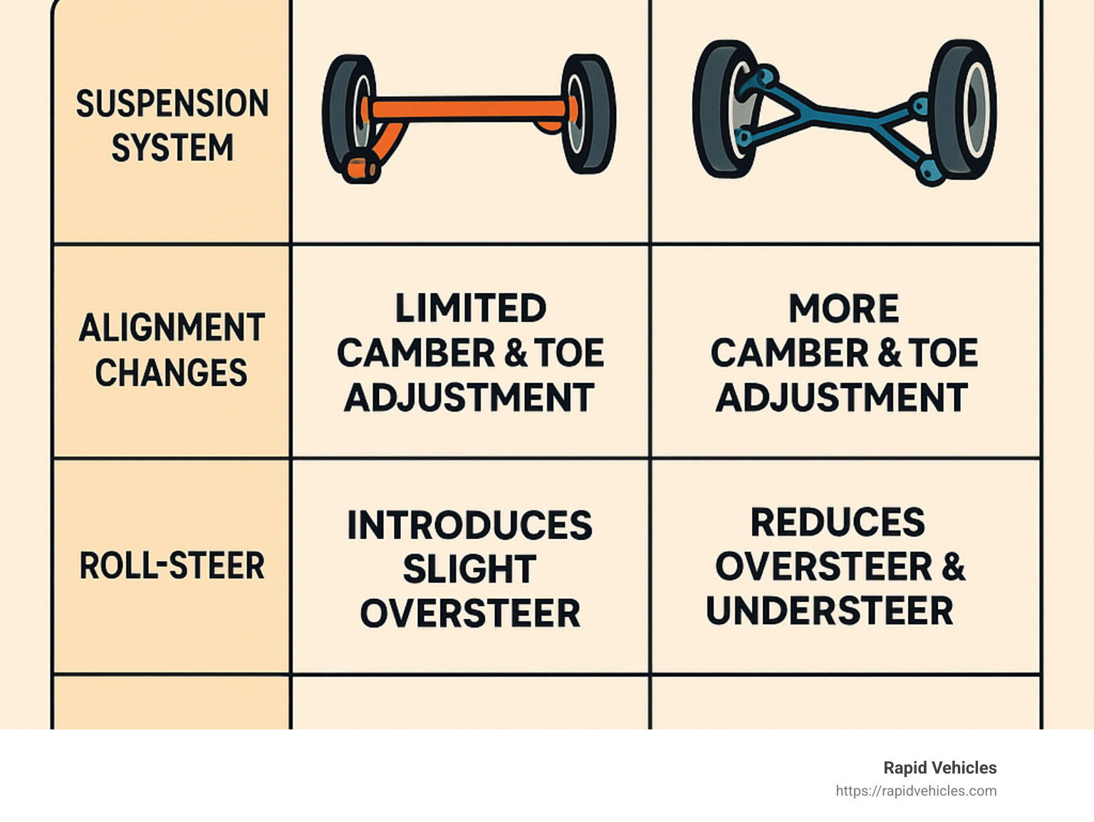 Comparison table of torsion beam vs multi-link suspension systems - torsion beam suspension infographic