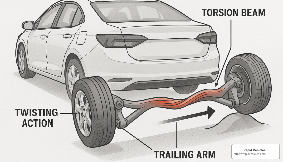 Torsion beam suspension showing one wheel hitting a bump and the beam twisting - torsion beam suspension