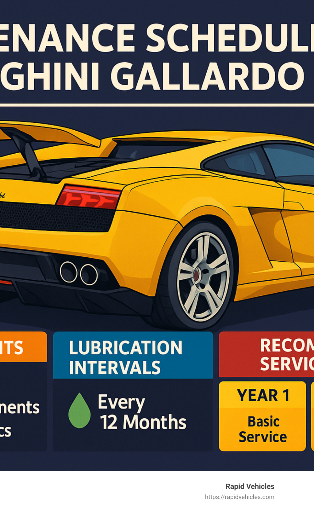 Maintenance schedule for Lamborghini Gallardo automatic spoiler showing inspection points, lubrication intervals, and recommended service timeline - lamborghini gallardo automatic spoiler infographic